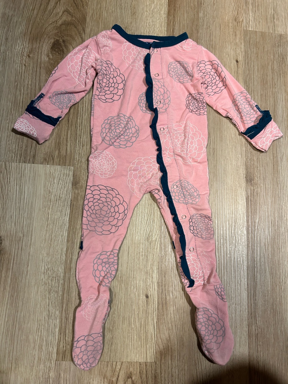 Kickee Pants Pink Floral Footed One-Piece with Navy Trim